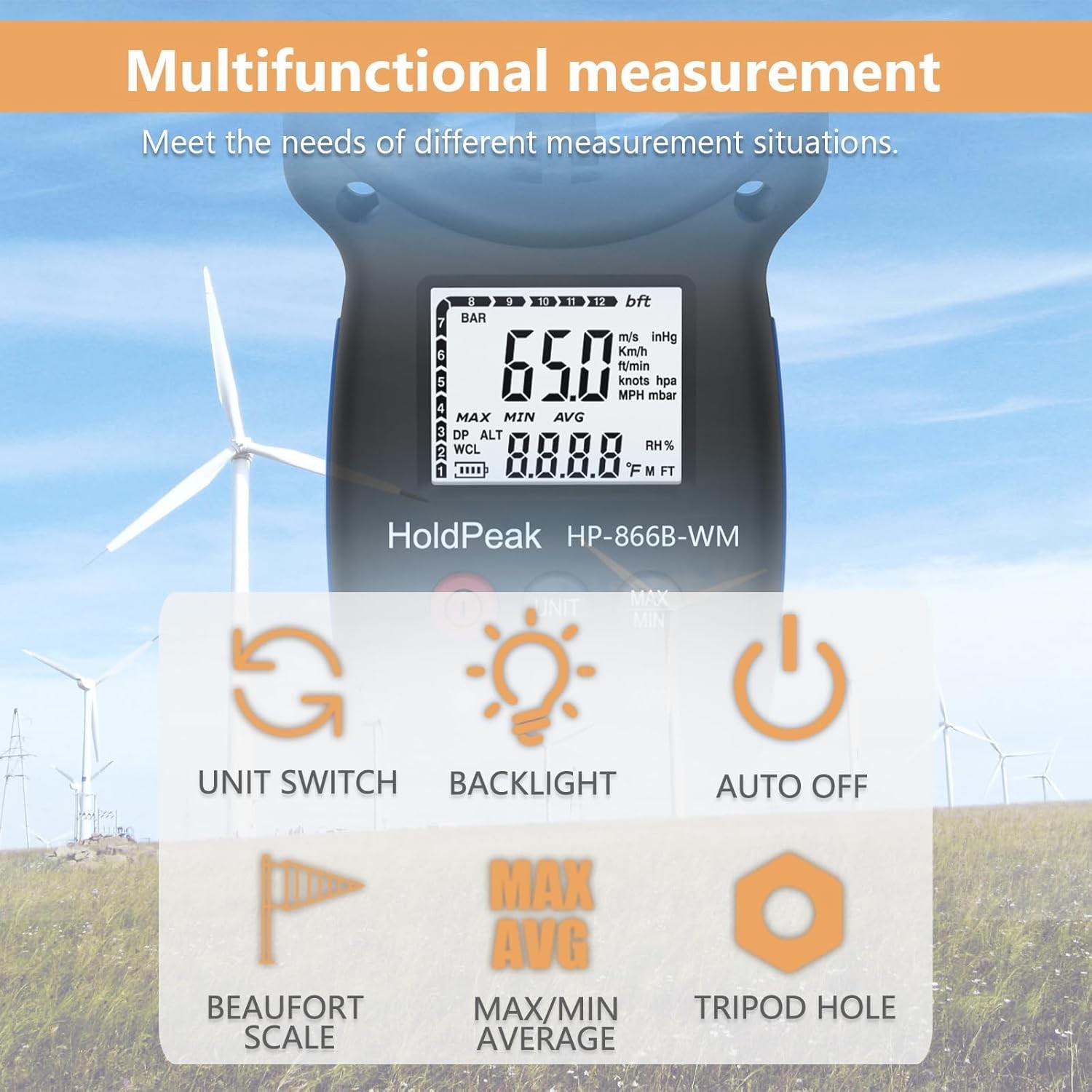 HoldPeak Portable Weather Meter - Handheld Anemometer for Wind & Temperature