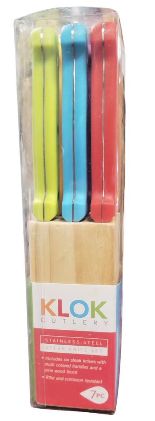 KLOK Cutlery Stainless Steel Steak Knife Set 6 Knives with Pine Wood Block - NEW