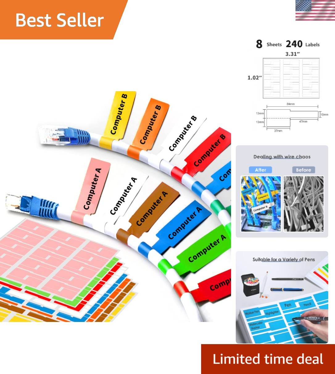 Organize Your Cables with 240 Pcs Colorful Waterproof Labels - For Home & Office