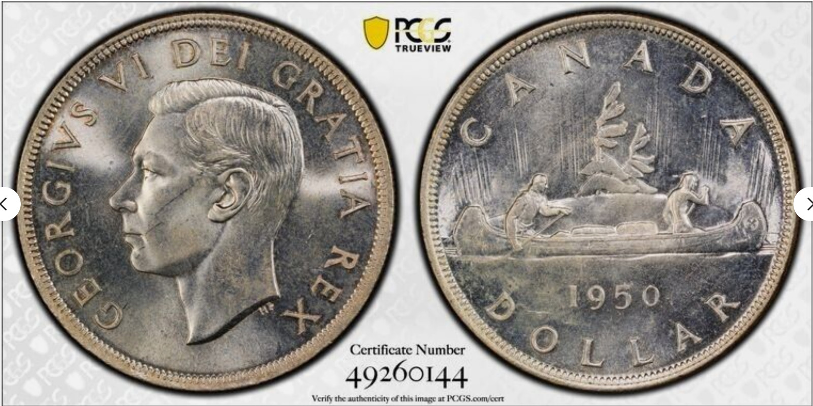 :1950 S$1 SILVER DOLLAR GEORGE-VI CANADA PCGS MS64 3FWL RARE R4 HIGHEST-GRADES