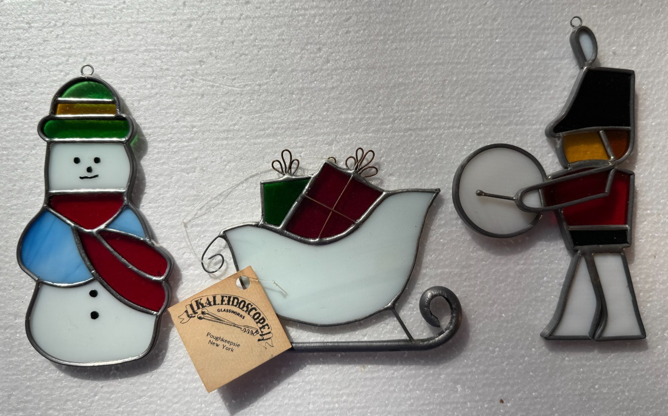 Vintage Set of 3 Christmas Stained Glass : Sleigh, Snowman, Toy Soldier