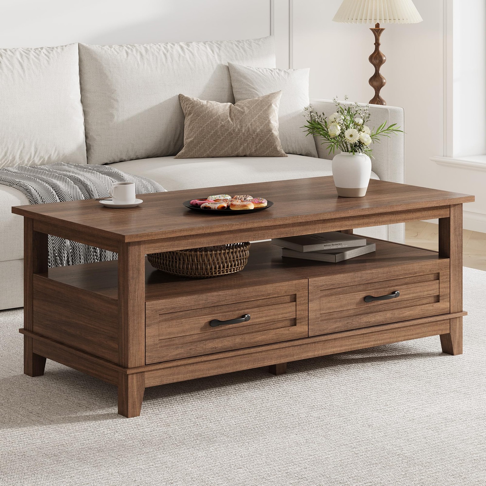 GRAVEE 47" Farmhouse Coffee Table with 2 Drawers Wood Center Storage Shelf