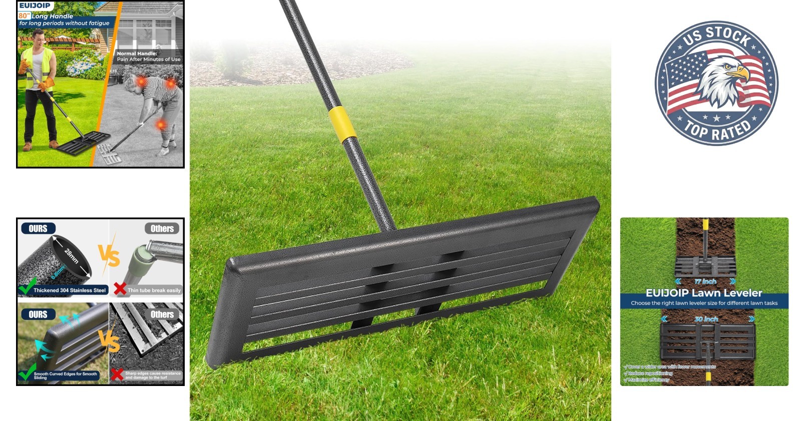 Heavy-Duty Lawn Leveling Rake 30x10in with 80in Adjustable Handle - Rustproof