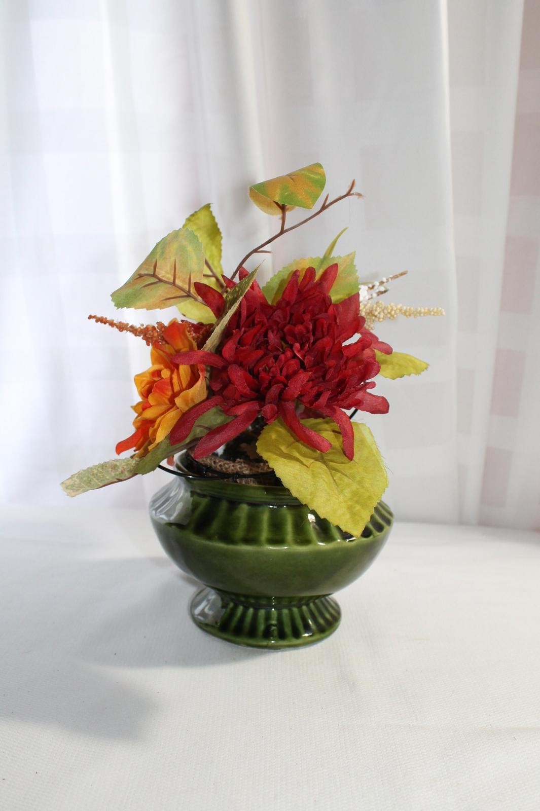 Mid Century American Bisque Round Green Pedestal Planter