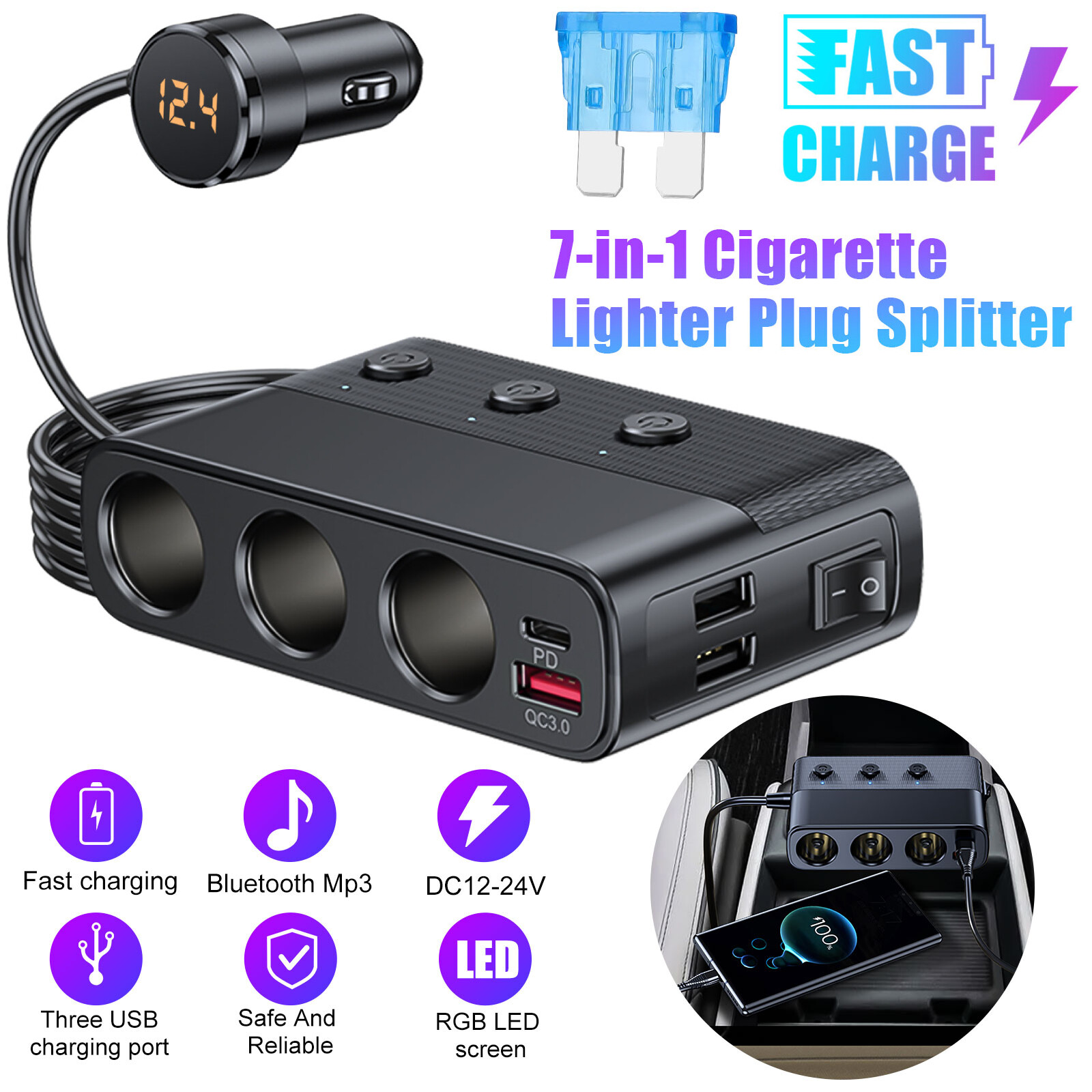Car Cigarette Lighter Socket Splitter QC 3.0 Dual USB Fast Charger Power Adapter