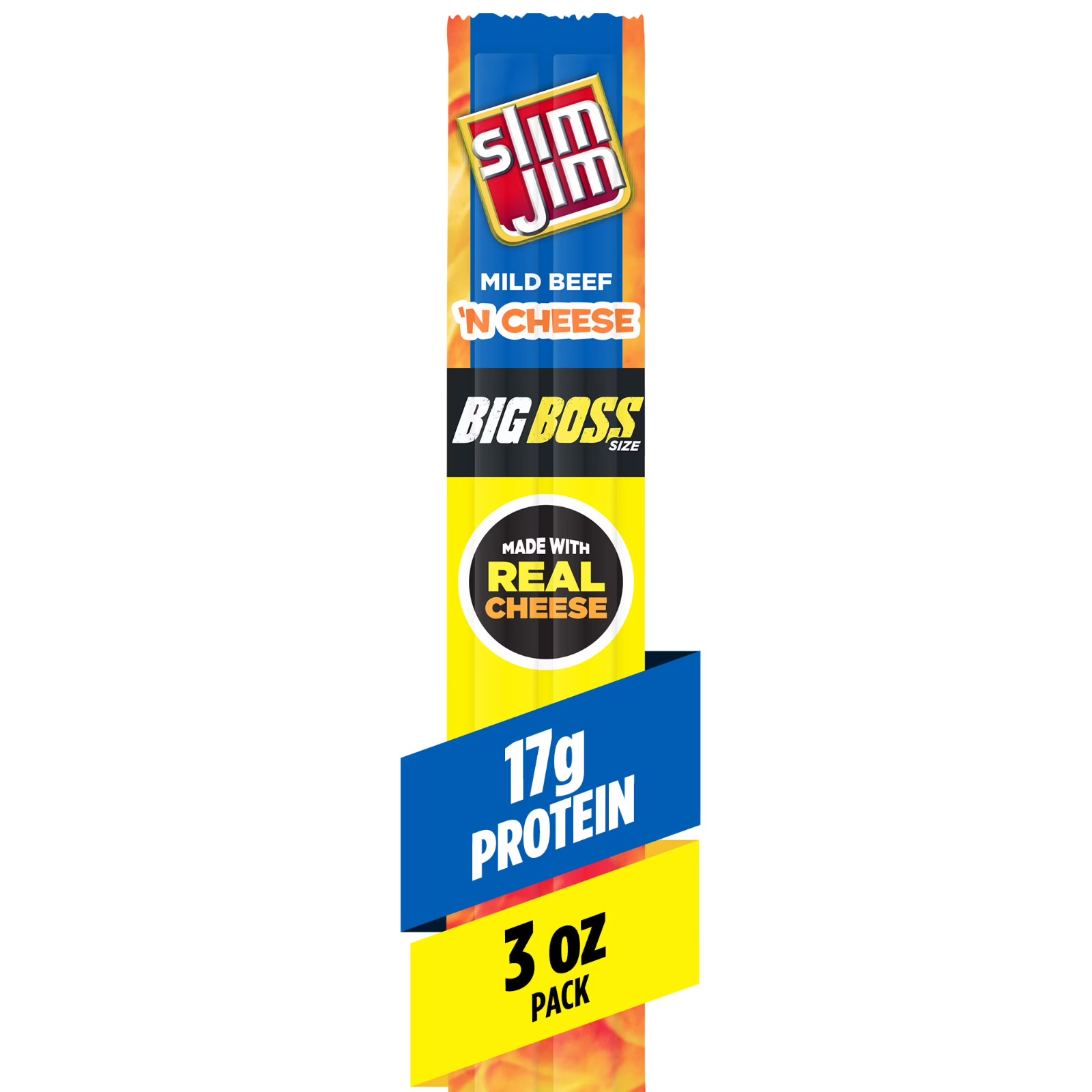Slim Jim Beef 'N Cheese Smoked Meat Sticks,Mild,  17g Protein 3 oz-FREE SHIPPING