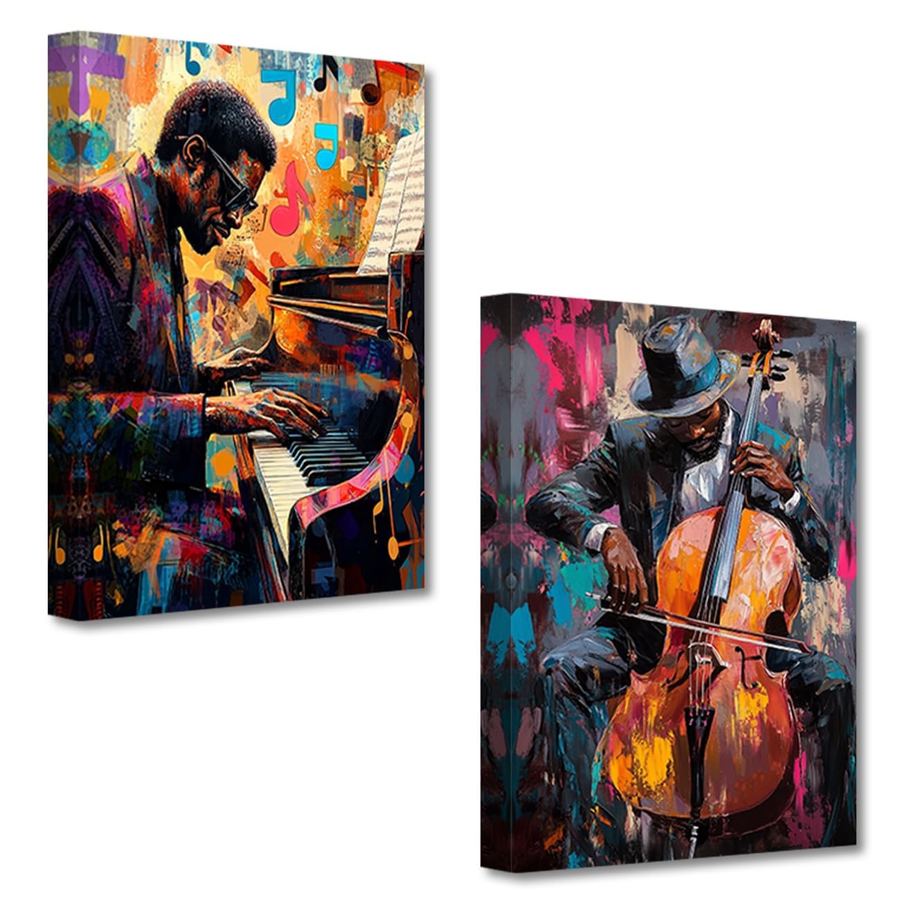 Black Music Wall Art Jazz Canvas Prints 2 Pieces African American Playing Piano