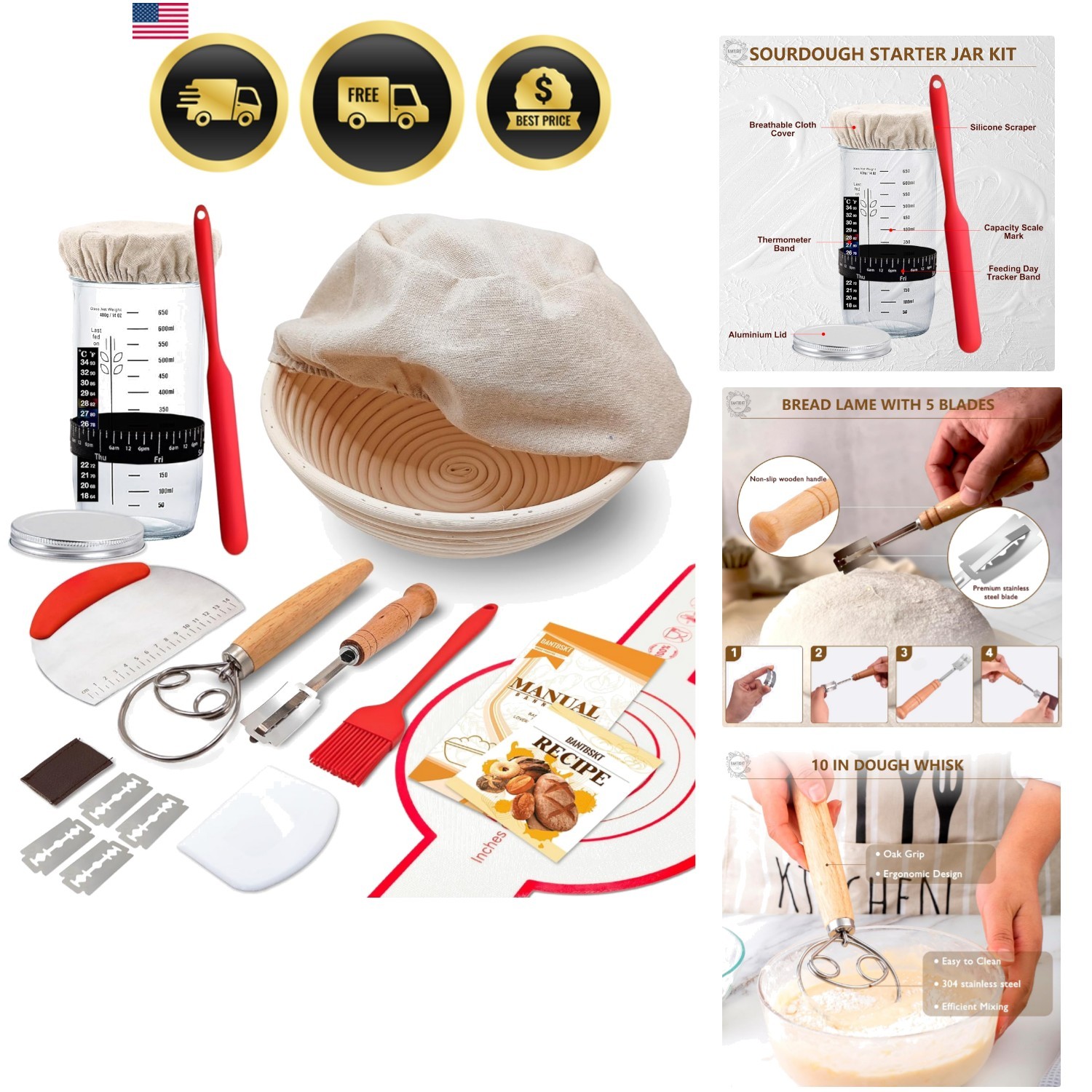 Complete Sourdough Starter Kit, Sourdough Bread Baking Supplies, Banneton Bre...