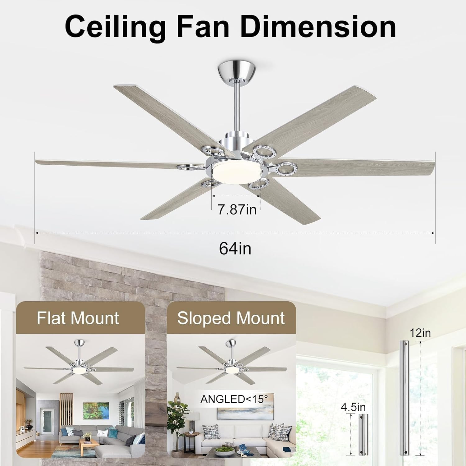 64" Modern Ceiling Fan with Remote, Dimmable Light & 6-Speed Motor