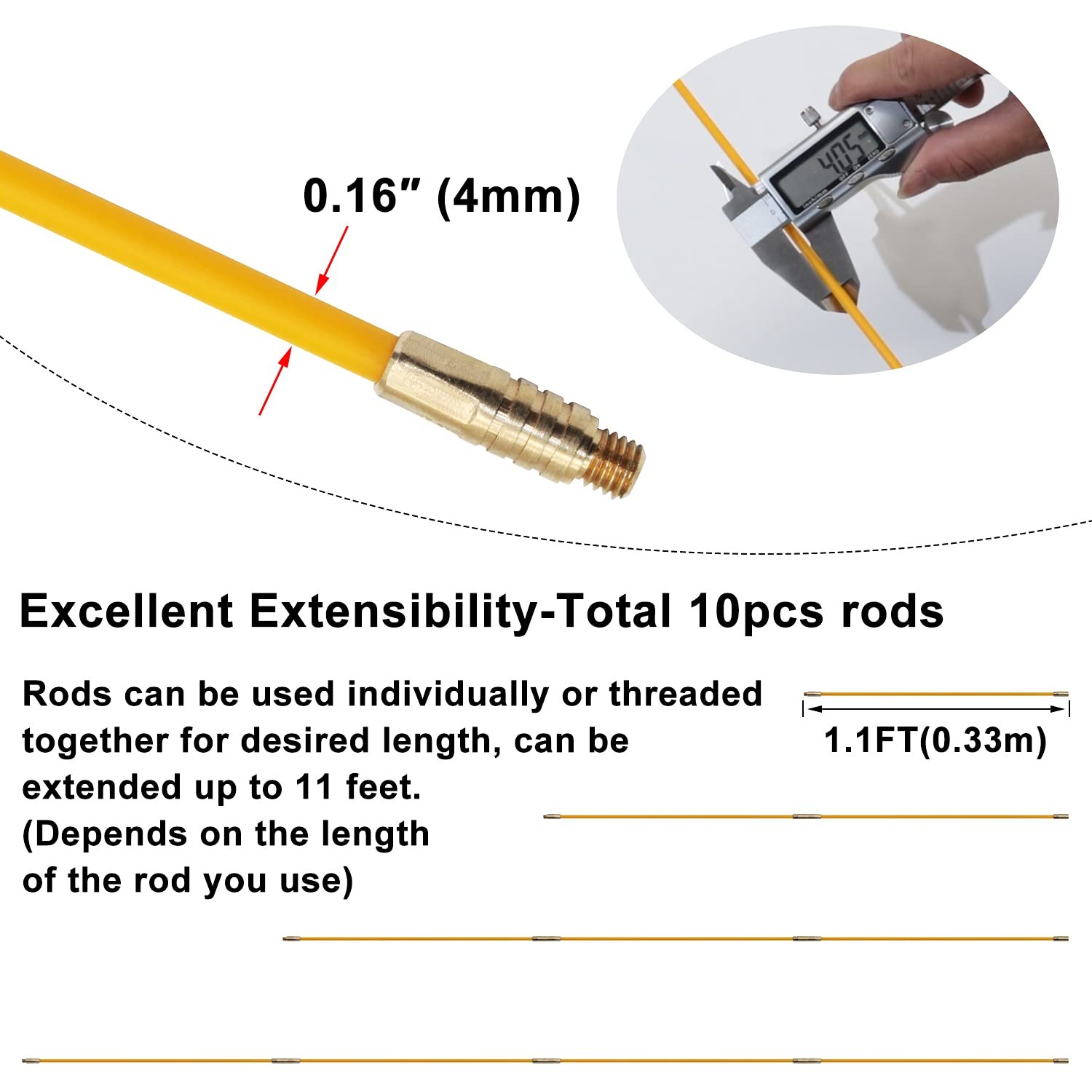 11' Fiberglass Running Electrical Wire Cable Pulling Fish Tape Kit with 5 Dif...