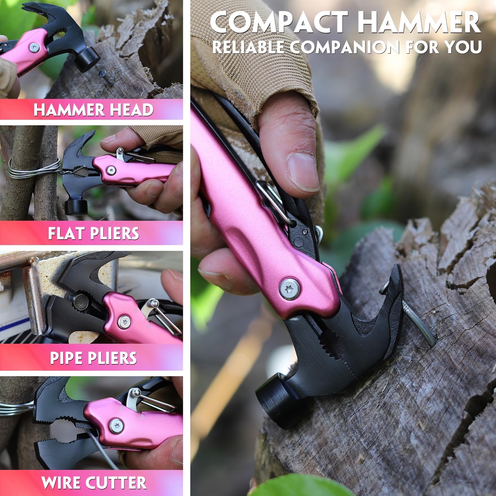 Pink Multitool Hammer Camping Essentials Gear - Stocking Stuffers for