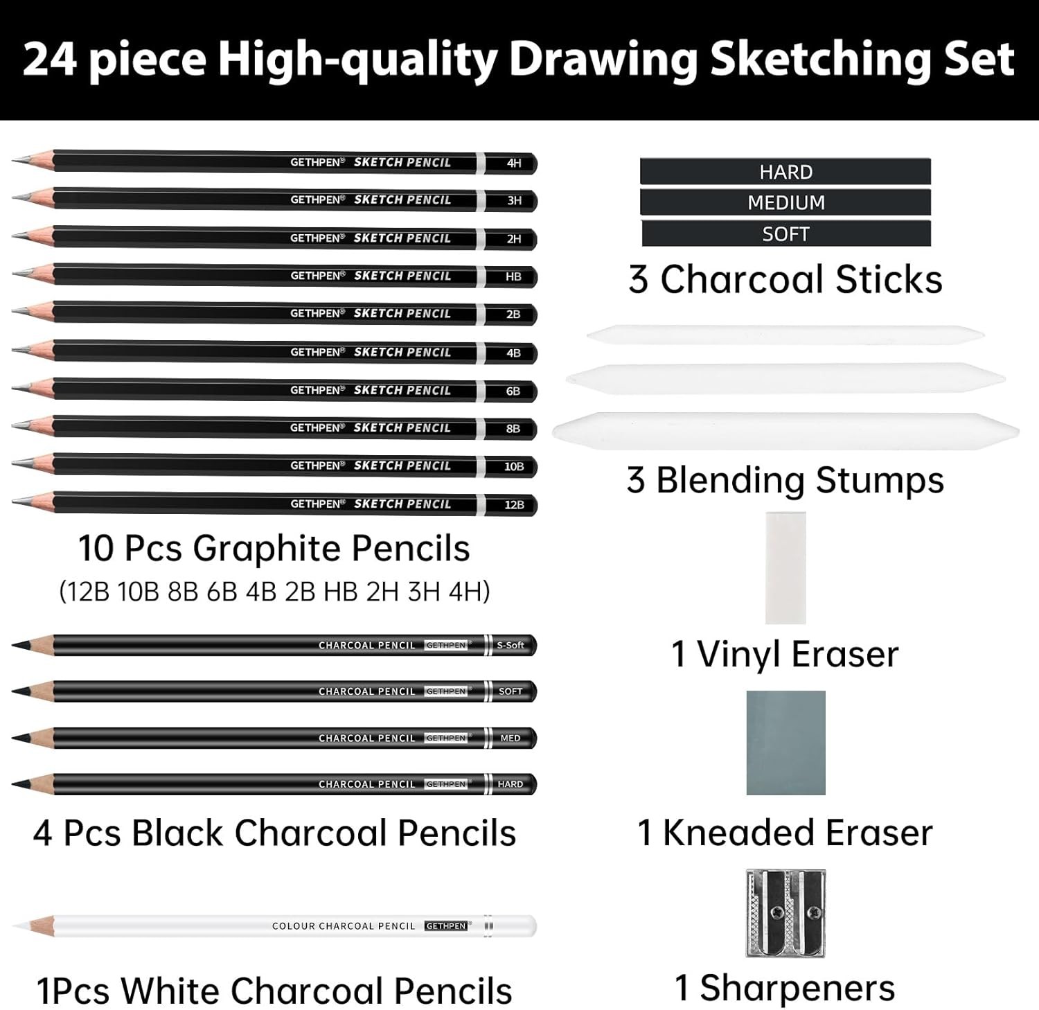 Drawing Sketching Pencil Set, 24 Piece Pro Artist Sketch Kit - Graphite...