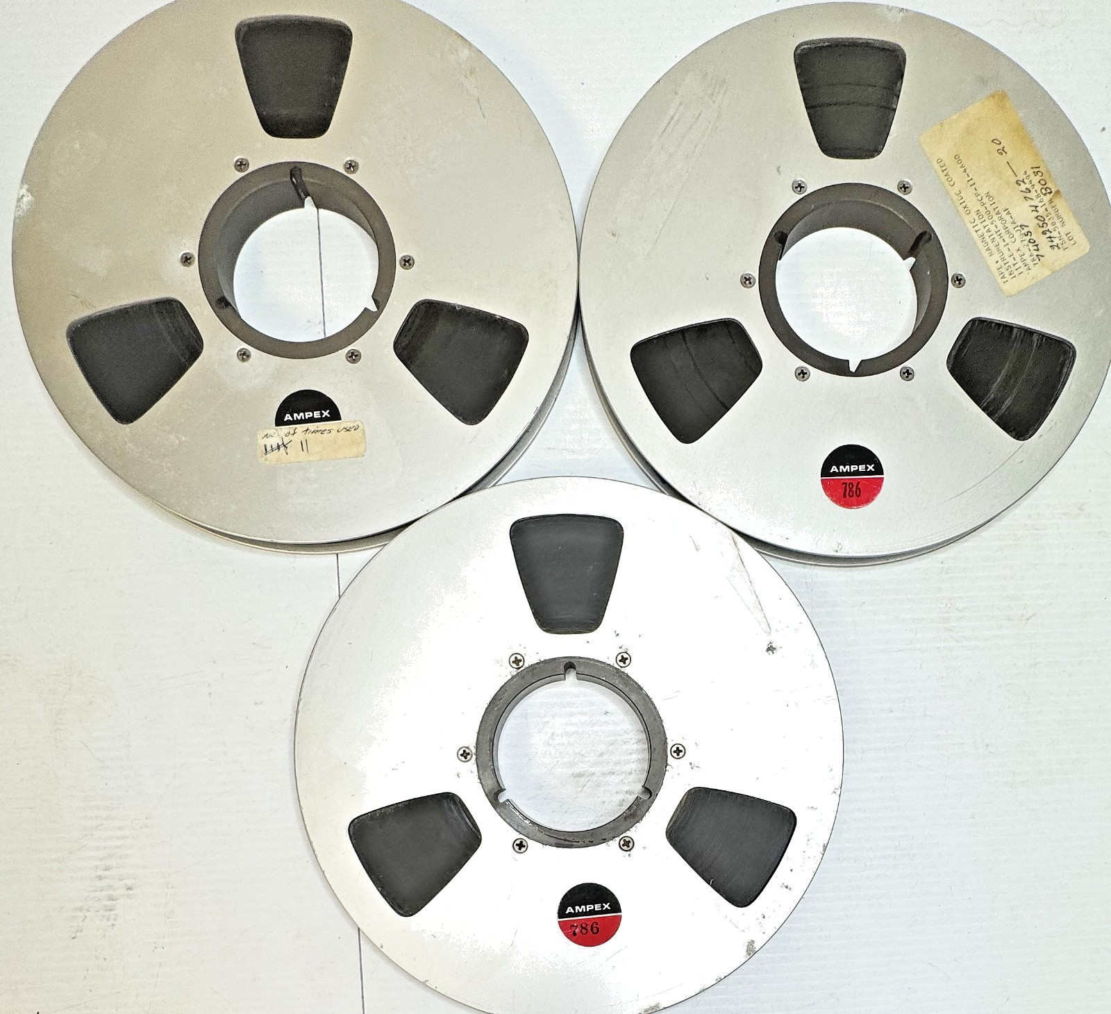 Ampex 766 10.5" Aluminum Reel to Reel Tape Reels Lot of 3 w/ Tape Vintage