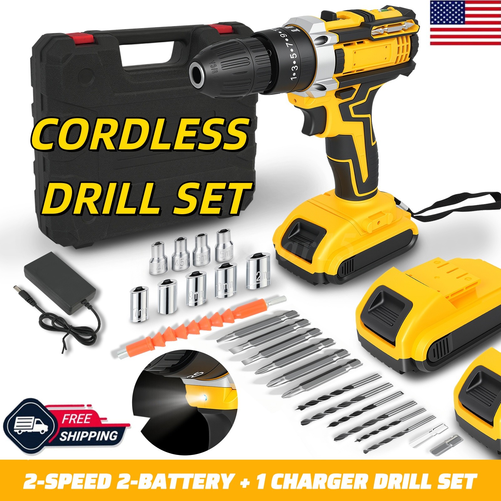 Cordless Hammer Drill Impact Drill Brushless Impact Driver Combo Kit w/2 Battery