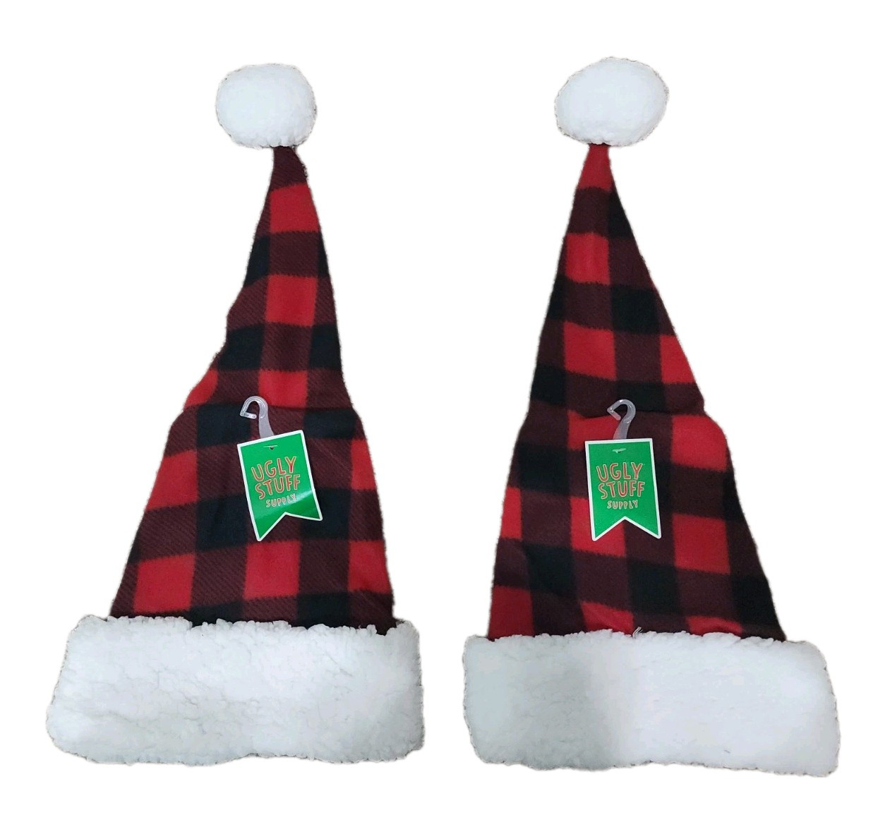Lot Of 2 Ugly Stuff Supply Christmas Red and Black Buffalo Plaid Long Santa Hats