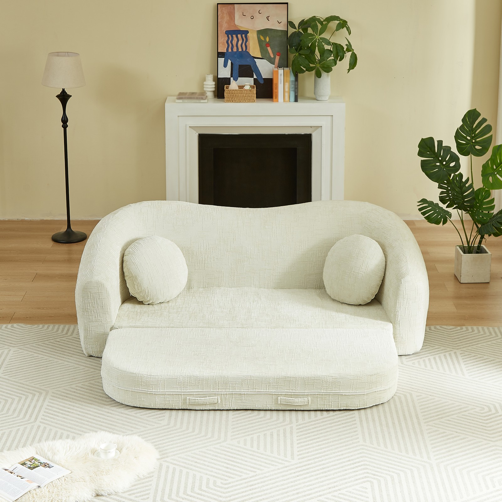 Curved Convertible Sofa Bed 2-in-1 Recliner, Chenille Foldable No Assembly Beige