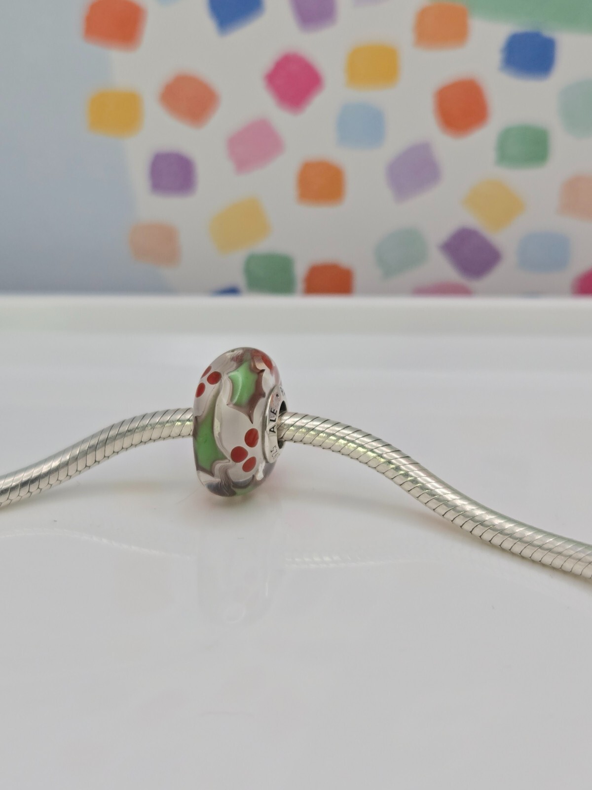Authentic Pandora Holly Christmas Murano Glass silver moment Charm