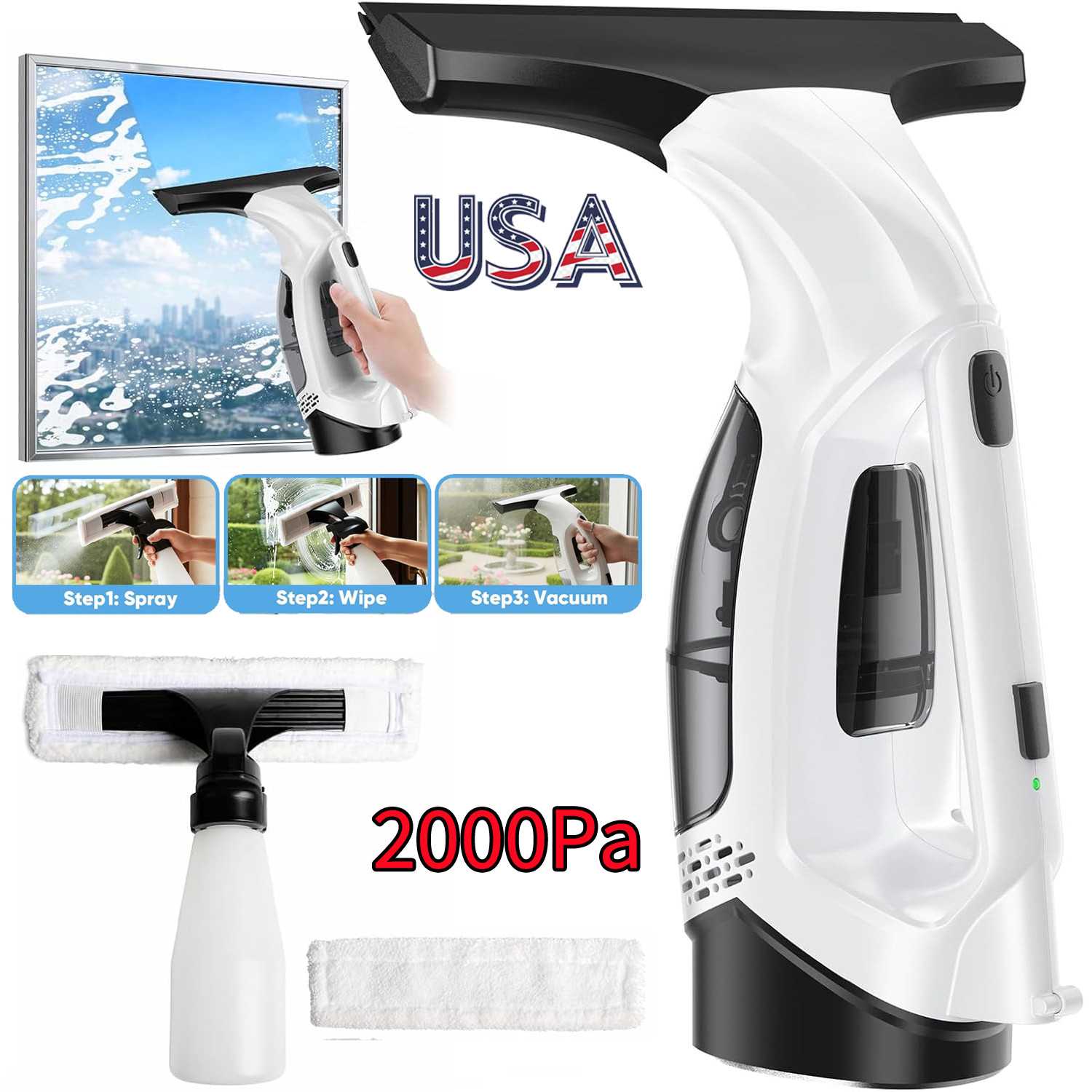 Cordless Window Cleaner Vacuum Squeegee Glass Wiper 2-in-1 Wiper Tool Adjustable