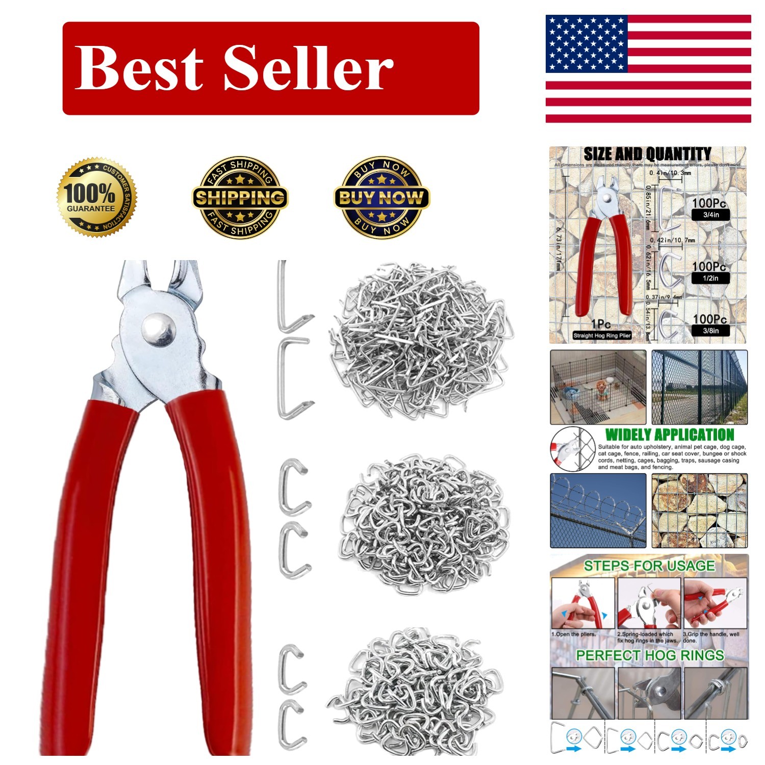 300 pcs Hog Rings with Straight Ring Pliers Kit 3/4" 1/2" 3/8 Red