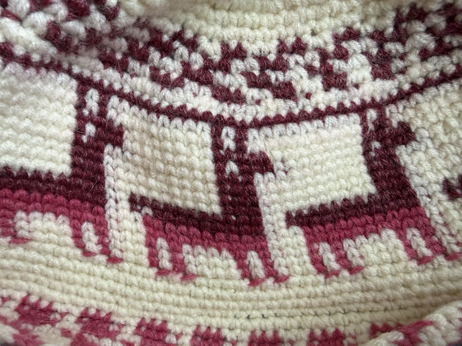 Handmade Crochet Bucket Hat Llama Pattern Maroon Pink Cream Knit Winter Hat