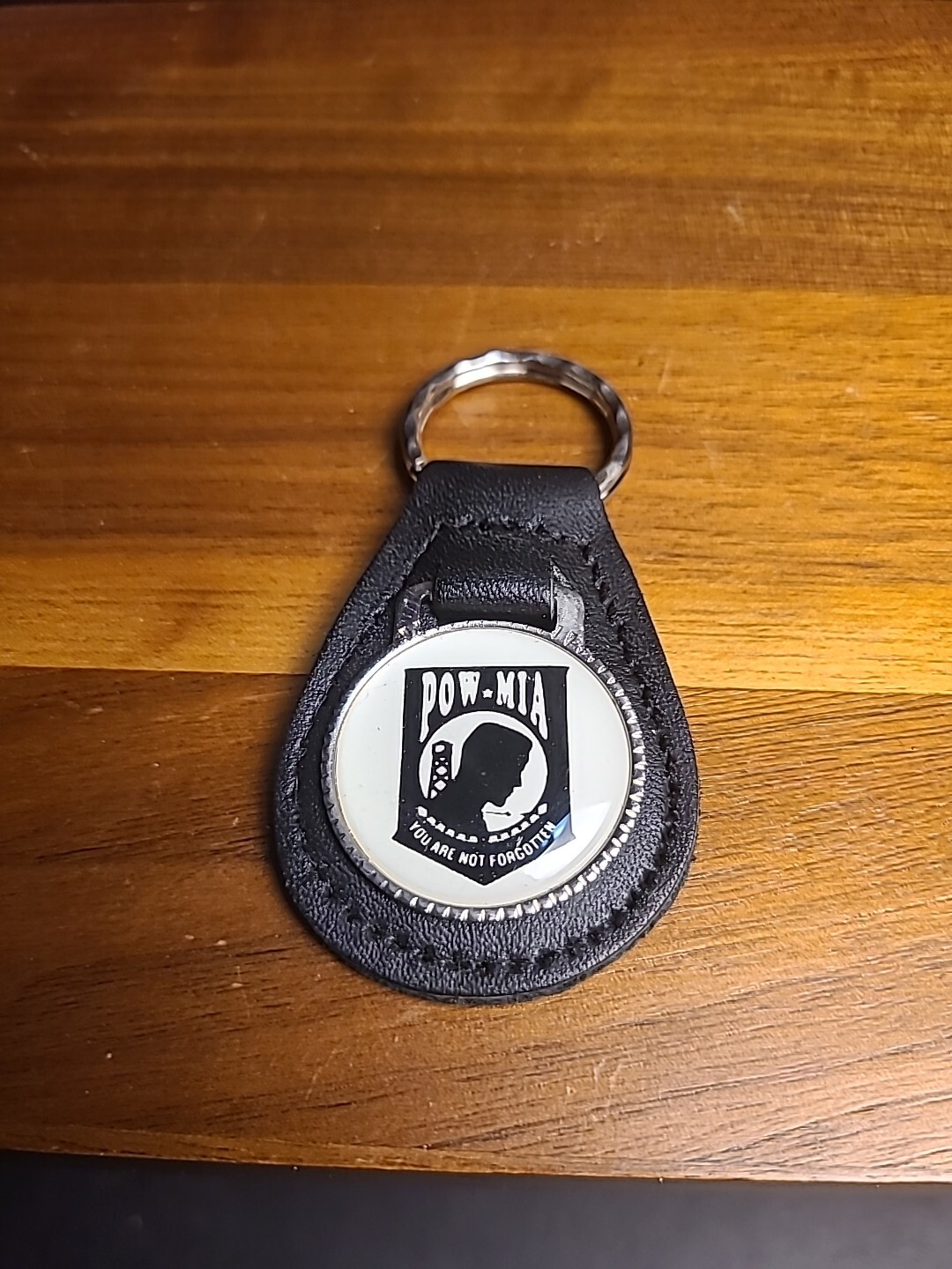US POW MIA Keychain  Leather Back Enamel Medalion