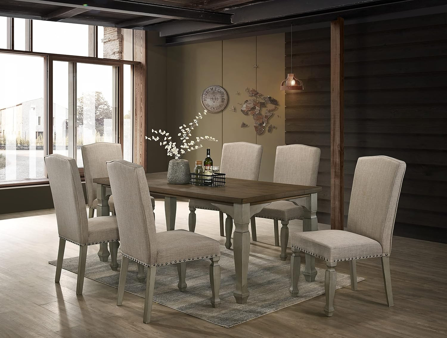 Breda 7-Piece Wood Dining Set, Antique Gray and Dark Oak