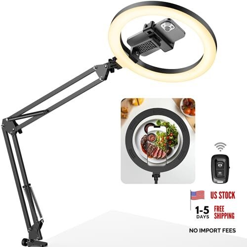 Overhead Phone Mount with Ring Light, 10" LED Selfie Ring Light for Medium