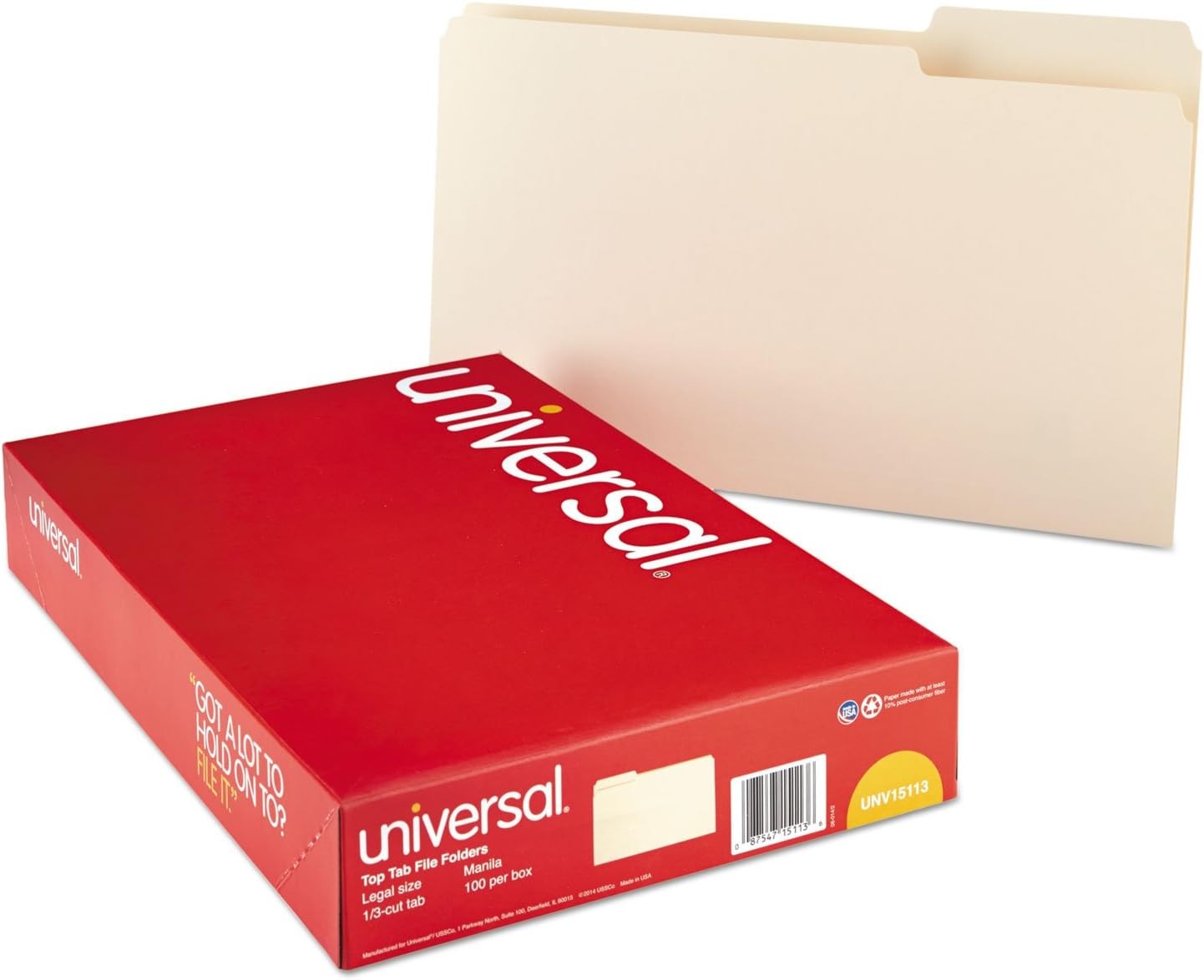 Universal File Folders, 1/3 Cut Assorted, One-Ply Top Tab, Legal, Manila, 100PK