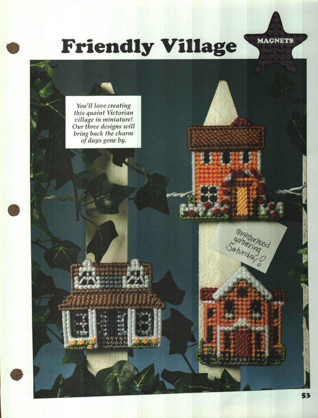 NEW 3 FRIENDLY VILLAGE MAGNETS PLASTIC CANVAS PATTERN INSTRUCTIONS