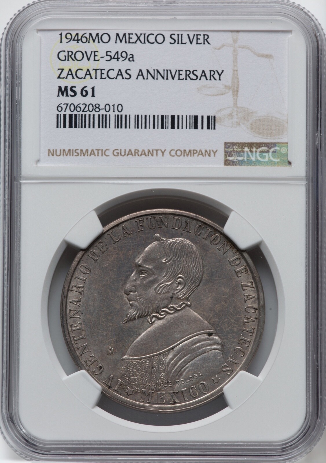 MEXICO 1946 ZACATECAS ANNIVERSARY SILVER MEDAL, UNCIRCULATED, NGC CERTIFIED MS61
