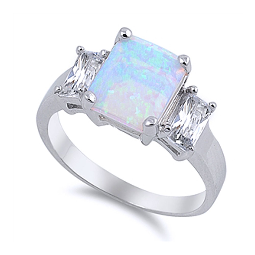 Fine Women 10mm Silver Square Light Blue Opal & CZ 3 Stone Anniversary Ring Band