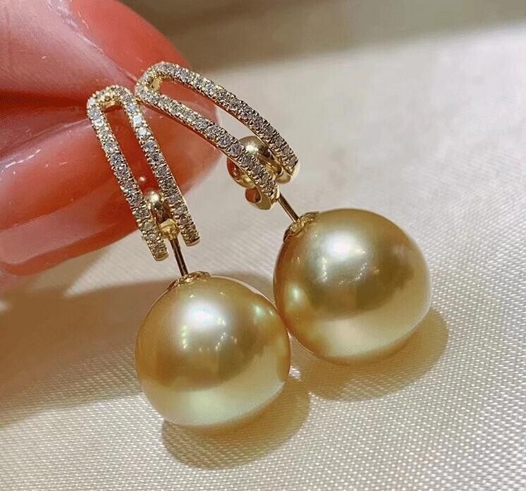 Gorgeous AAAAA 10-11mm real natural Golden south sea Round pearl earrings 925S.