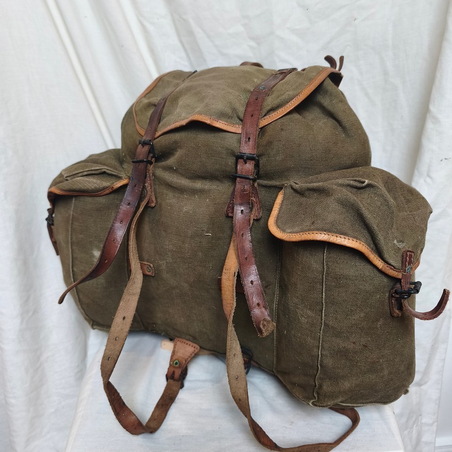 Vintage 1950s French army Lafuma canvas leather backpack steel frame rucksack
