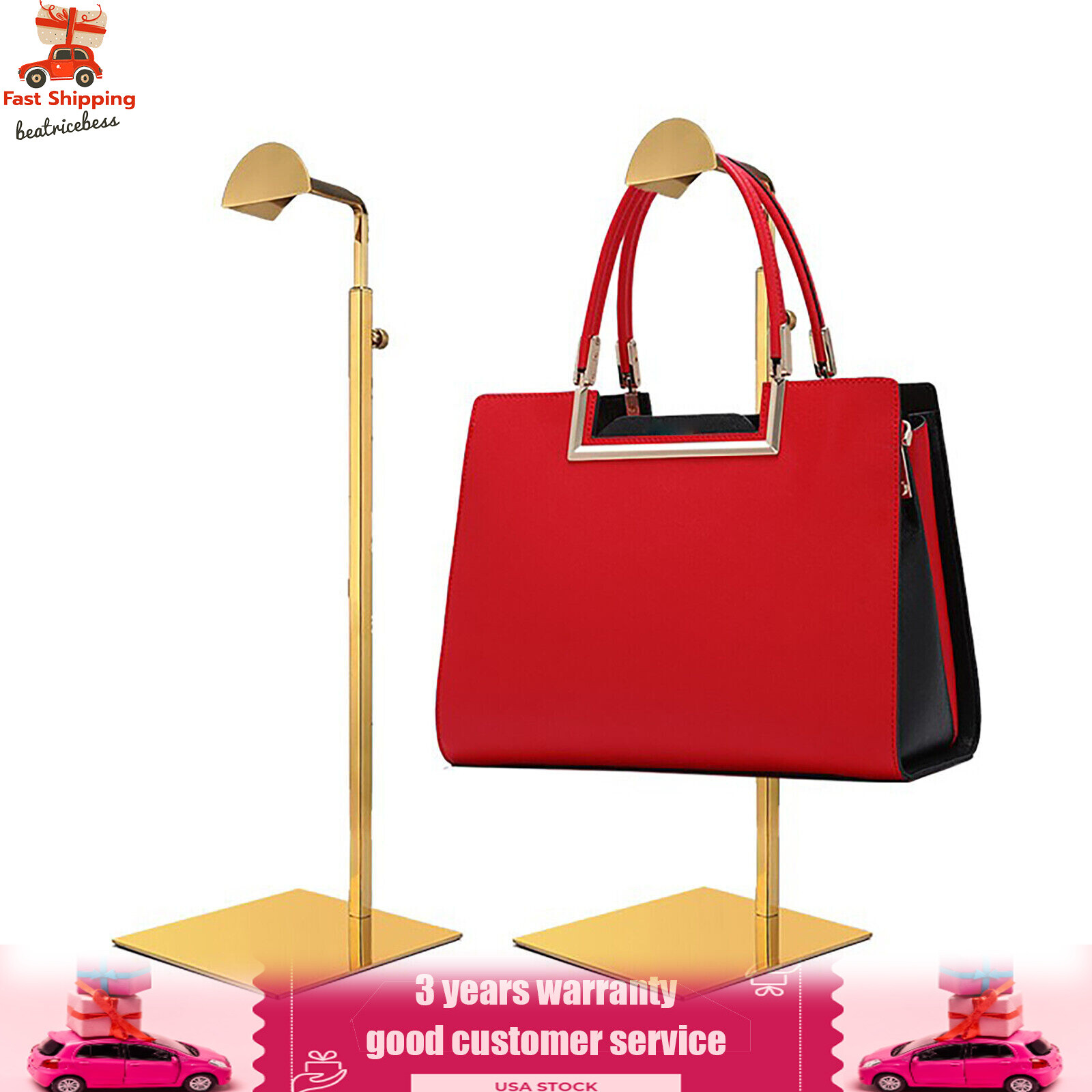 2 PCS Adjustable Handbag Display Stand Metal Bag Hanger Hanging Bag Rack Gold US
