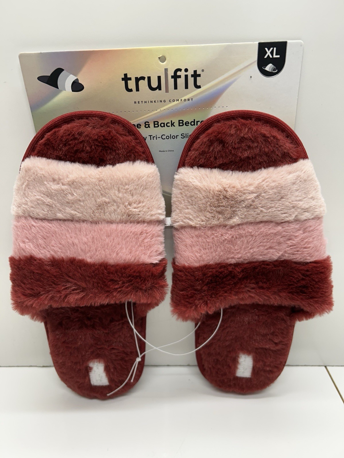 New Women’s Trufit Fluffy Faux Fur Open Toe Slippers Burgundy/Pink Size 9-10