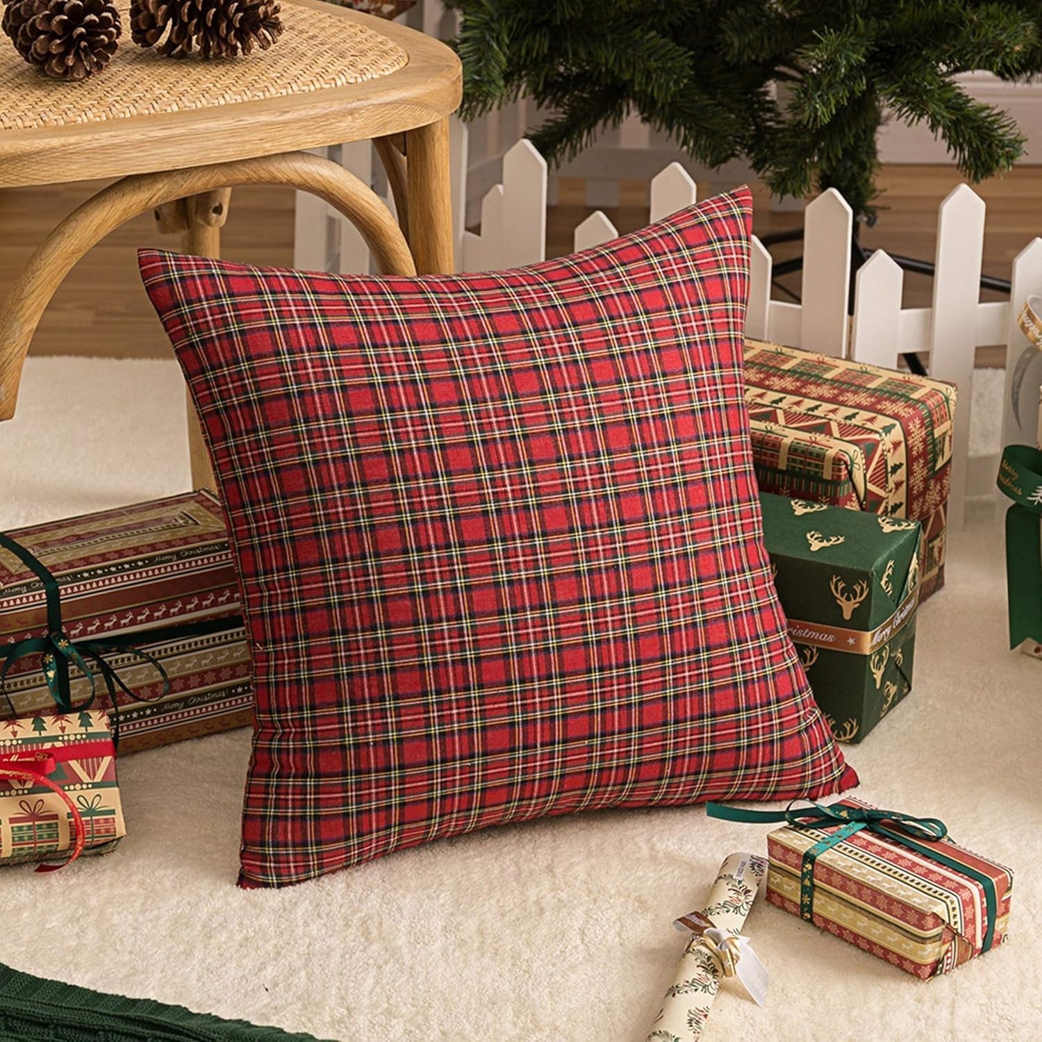 Christmas Plaid Pillow Covers Set of 2 20x20 Inches Red Green Tartan Decor