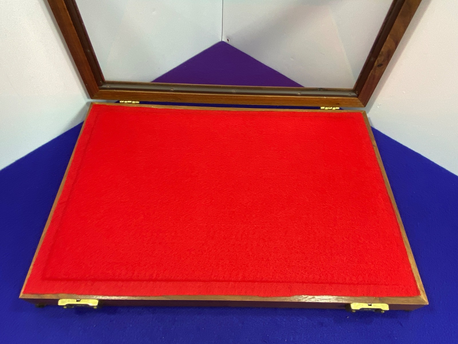 Vintage Wood & Glass Display Case w/ Red Felt Over Foam Interior – Locking Clasp
