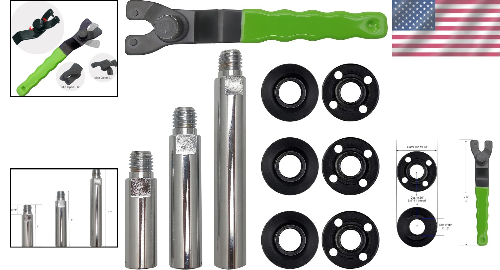 Versatile 5/8"-11 Grinder Extension Rods Set - 3" 4" & 5.5" Sizes for Precision