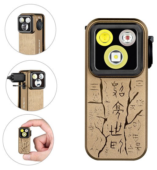 Olight Oclip Pro Ancient Script Flashlight, Flood/Spot/Red Light, 500 Lumens