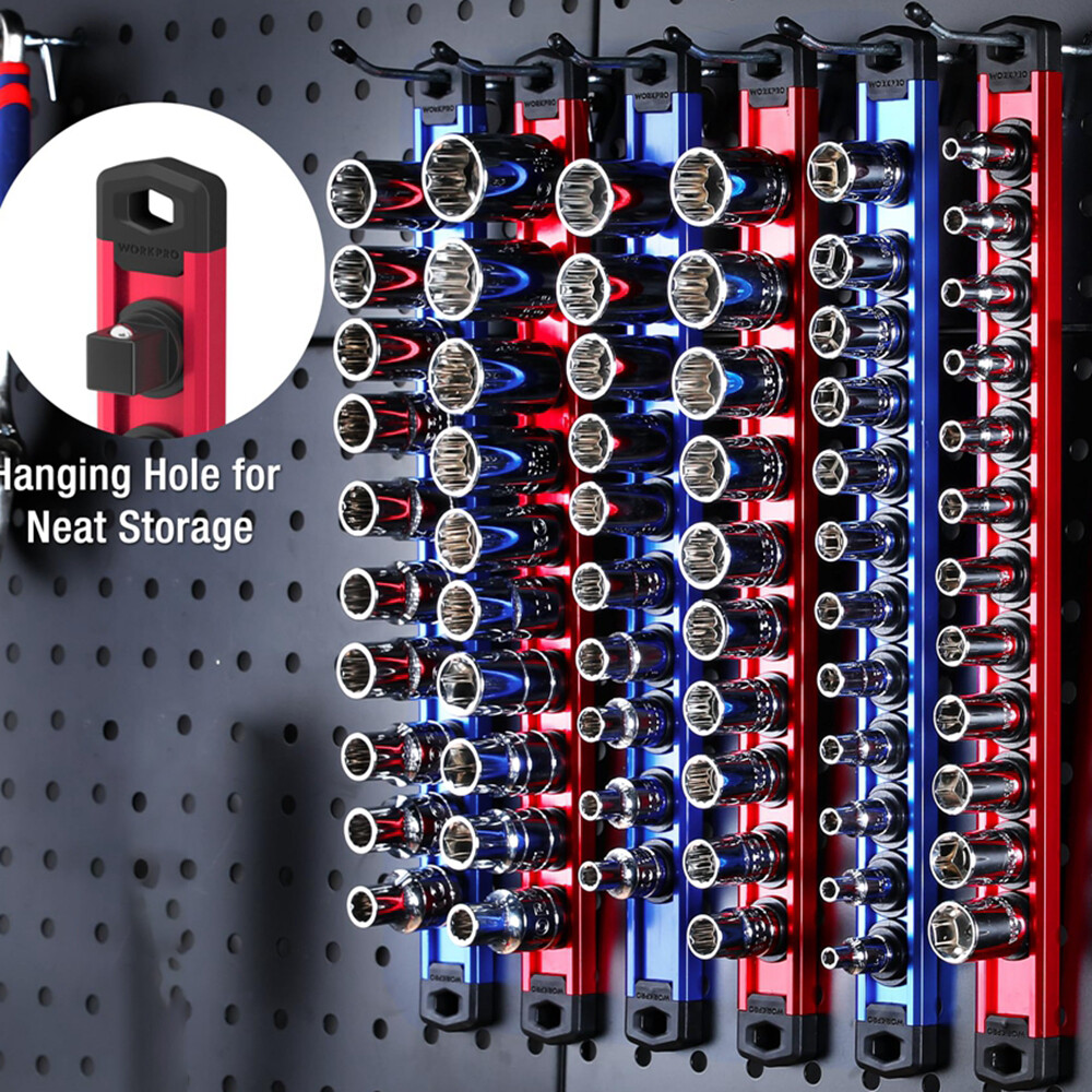 WORKPRO 6-Piece Magnetic Socket Organizer Sets Aluminum Alloy Socket Rail Holder