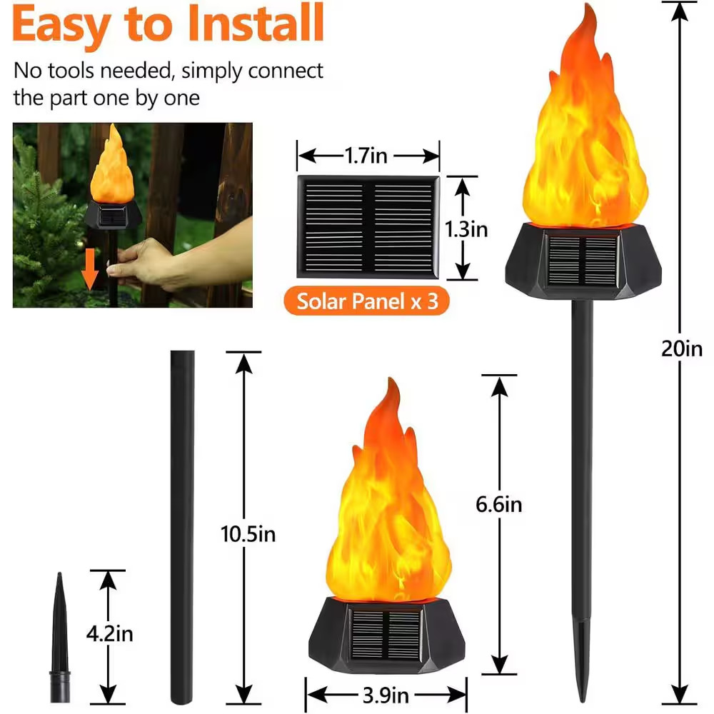 4-Pack Black Plastic Solar Outdoor Torch Lights with Flickering Flame Waterproof