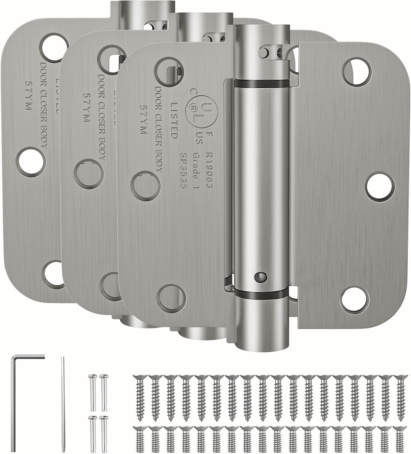 HOSOM 3 Pack 3.5" Self Closing Spring Door Hinges 5/8" Radius Brushed Nickel