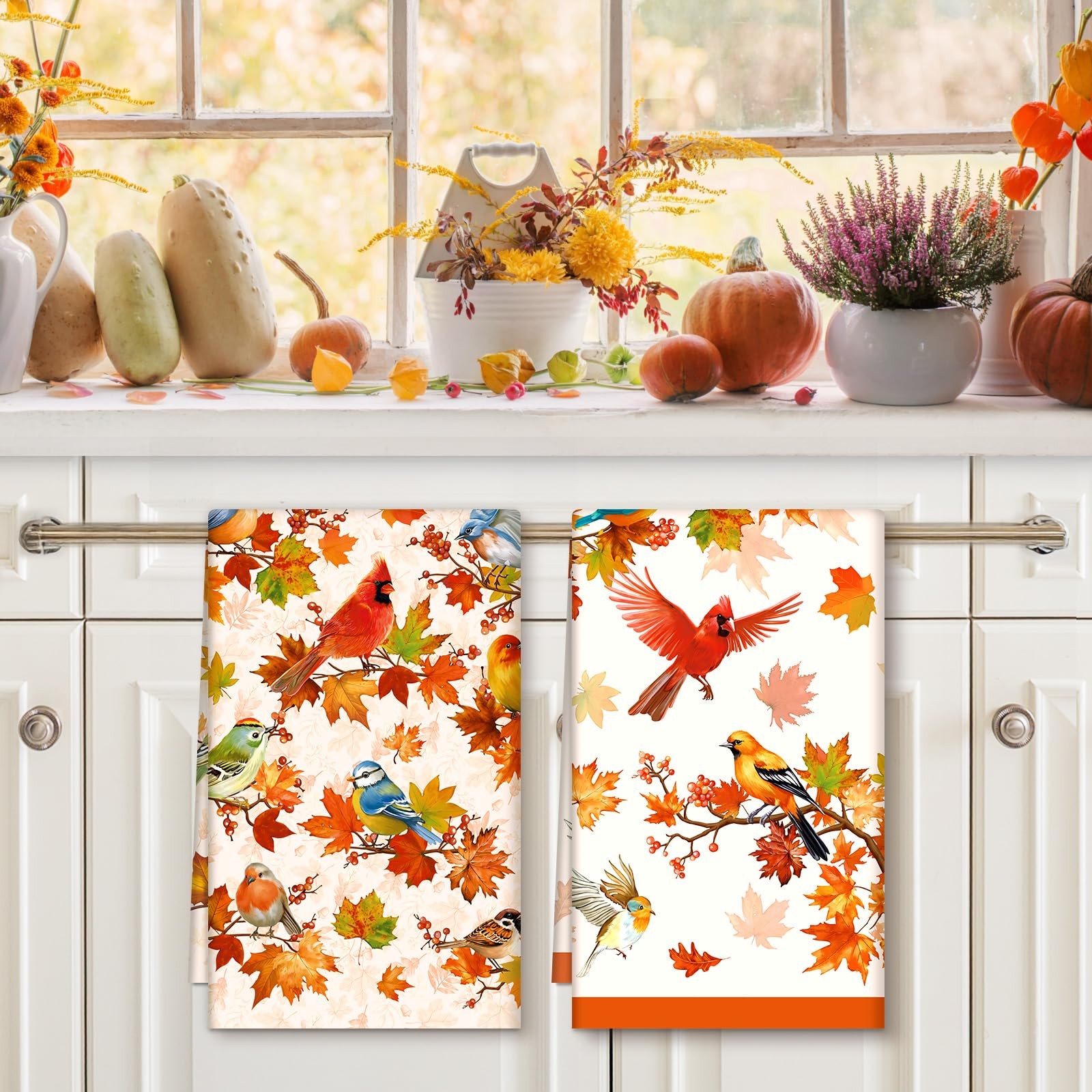 18.9x27.5 Inch Fall Bird Maple Leaf Cotton Kitchen Tea Towel Dish Cloth