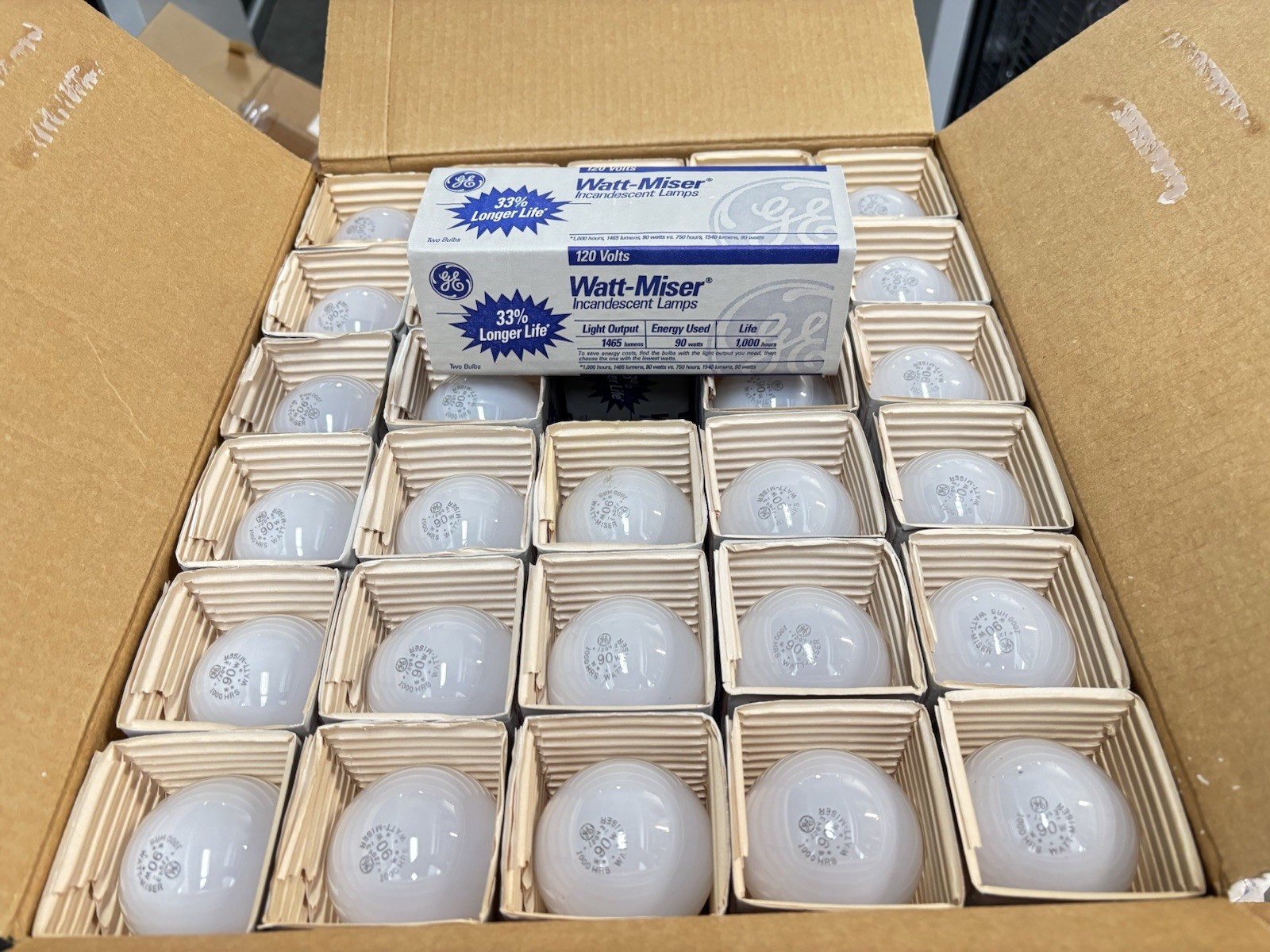 (60 Bulbs) GE 90w Frosted White Light Bulb A19, 1465 Lumen, 120v, New Old Stock