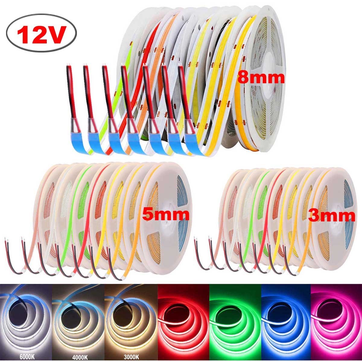 12V COB LED Strip 3/5/8mm Tape Lights Bedroom Kitchen Under Cabinet Home Decor