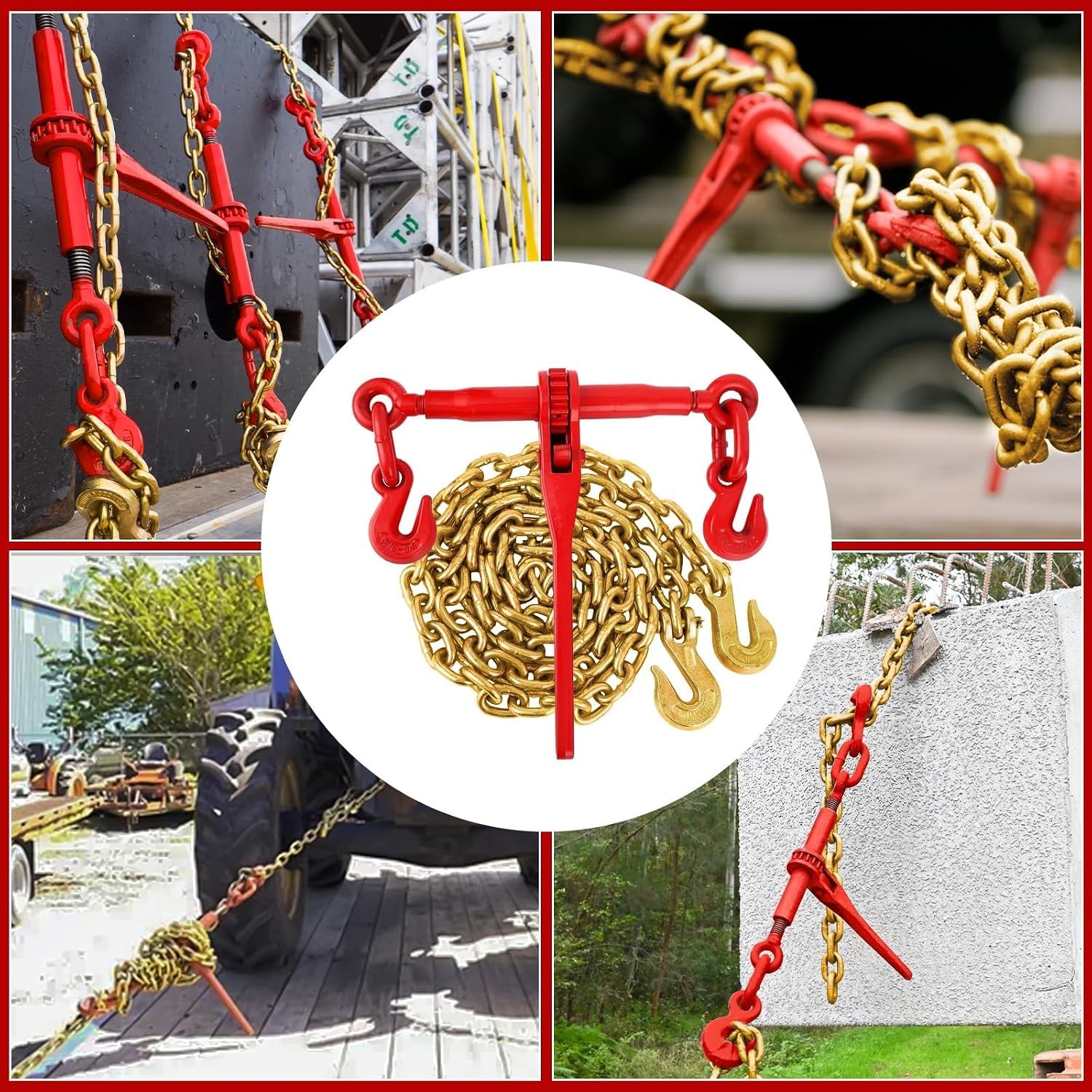 3/8in-1/2in G70 Ratchet Chain Binder Kit 2Pack,12000LBS WLL Heavy Duty Tie Down