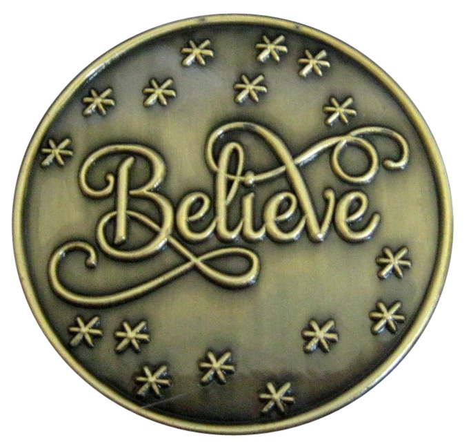 1 3/4" ANTIQUE GOLD " BELIEVE" BROOCH FOR SANTA'S HAT