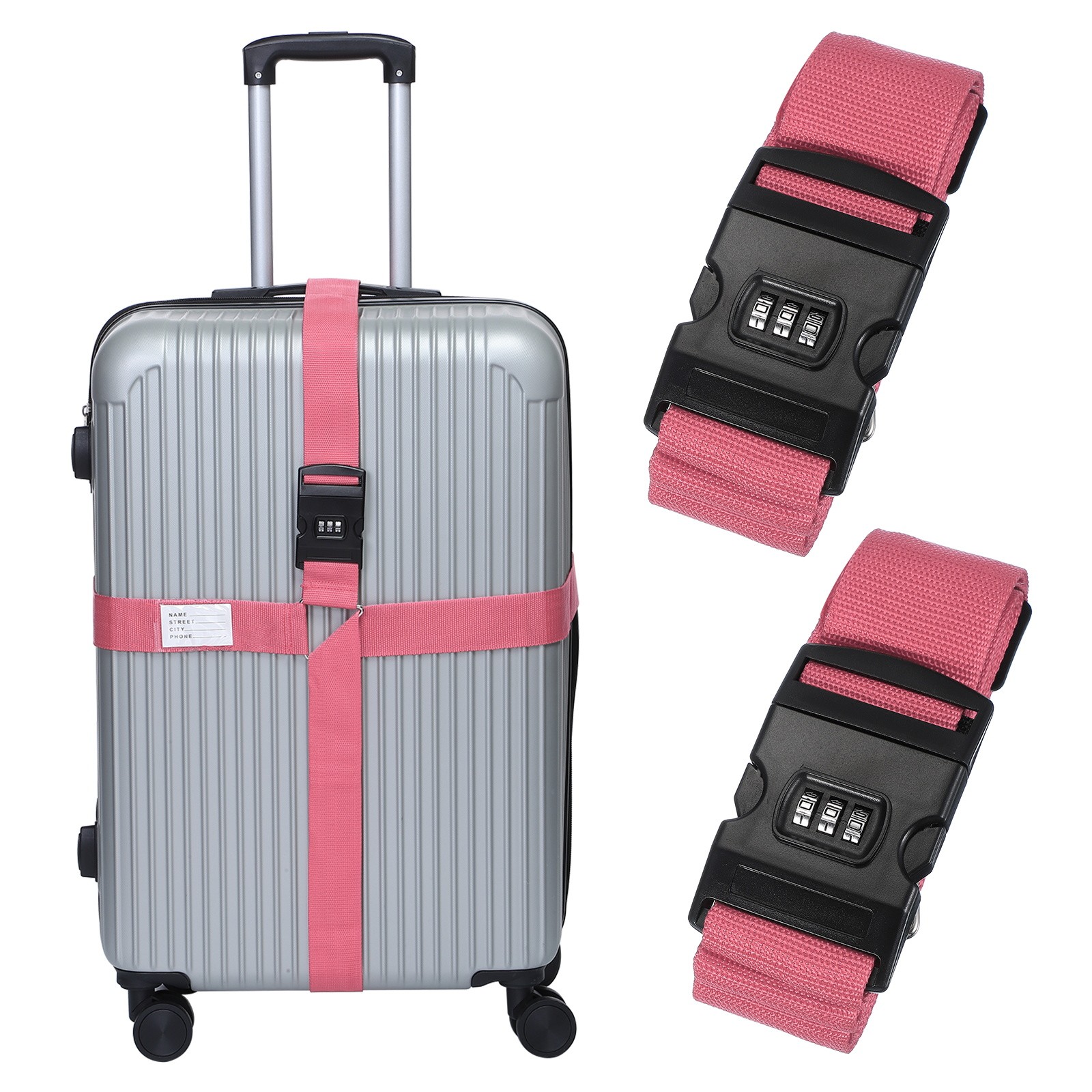 2pcs Cross Luggage Straps with Combination Lock Adjustable Suitcase Belt Pink