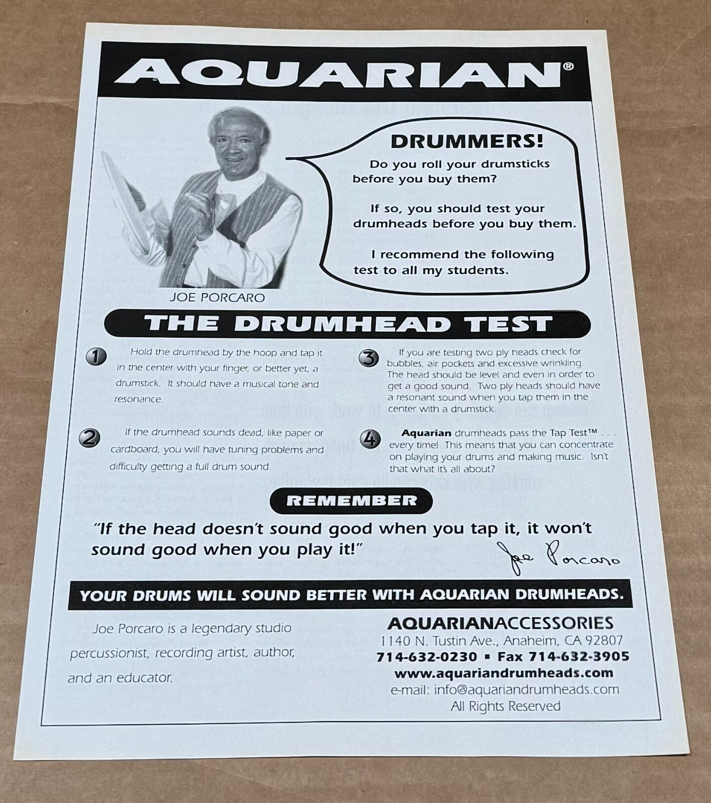 AQUARIAN Drumheads - Joe Porcaro - 2003 Print Ad