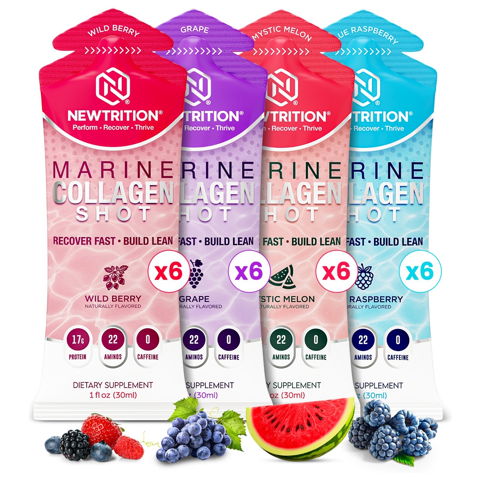 NewTrition 17,000mg Marine Collagen Protein Shots – 22 Amino Acids – B12 - 24 Ct